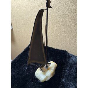 Vintage Demott Brass Marble Sailboat Sculpture With Signature On Base Nautical